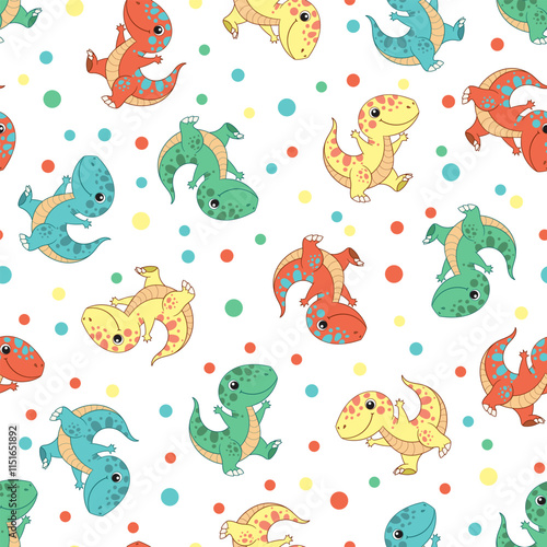 Wallpaper Mural Seamless pattern with funny colorful dinosaurs. Isolated on white background. For children's fabric design, backgrounds, wallpapers, prints, posters, cards, scrapbooking, etc. Vector illustration. Torontodigital.ca