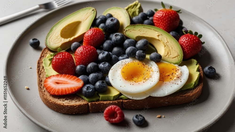 A vibrant breakfast toast topped with avocado slices, a sunny-side-up egg, blueberries, and strawberries, served on a white plate A vibrant breakfast toast topped with avocado slices, a sunny-side-up egg, blueberries, and strawberries, served on a white plate