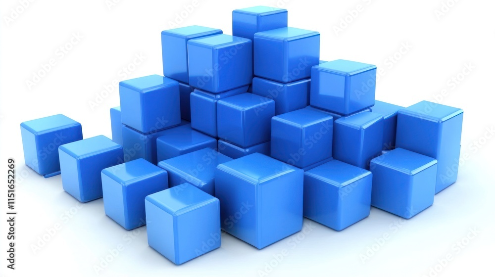Abstract Blue Cubes Composition: A 3D Render of Shiny Blue Blocks Arranged in a Dynamic Pattern, Illustrating Concepts of Structure, Design, and Creativity. Abstract Blue Cubes Composition: A 3D Render of Shiny Blue Blocks Arranged in a Dynamic Pattern, Illustrating Concepts of Structure, Design, and Creativity.