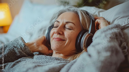 Senior woman relaxing with headphones enjoying peaceful music at home photo