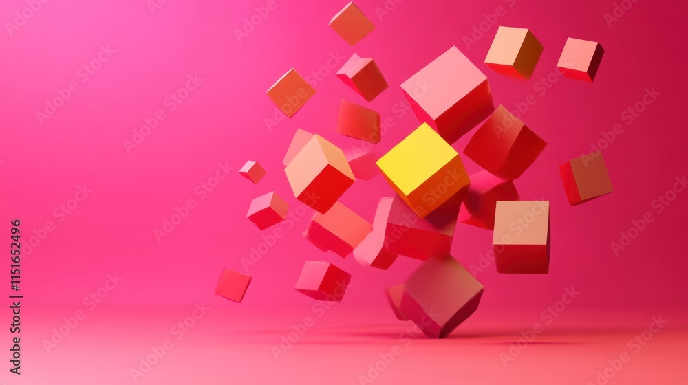 Abstract Pink and Yellow 3D Cubes Floating in Space: A Vivid Digital Art Piece Abstract Pink and Yellow 3D Cubes Floating in Space: A Vivid Digital Art Piece