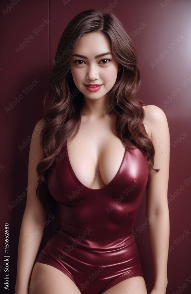 a close up of a woman in a red bodysuit posing for a picture a close up of a woman in a red bodysuit posing for a picture