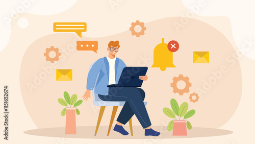 An illustration depicting notification management and settings, showcasing a user interacting with a digital interface to manage notification preferences.