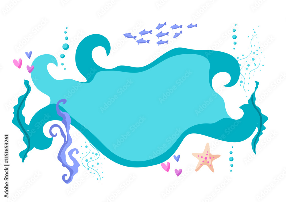 Fototapeta premium Background with sea creations. Underwater decorative fish and algae texture.