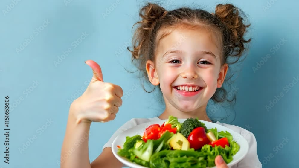 child girl eats healthy food showing thumb up Smiling child encouraging nutritious eating, holding a plate of fresh veggies, and giving a thumbs up in front of a blue background child girl eats healthy food showing thumb up Smiling child encouraging nutritious eating, holding a plate of fresh veggies, and giving a thumbs up in front of a blue background