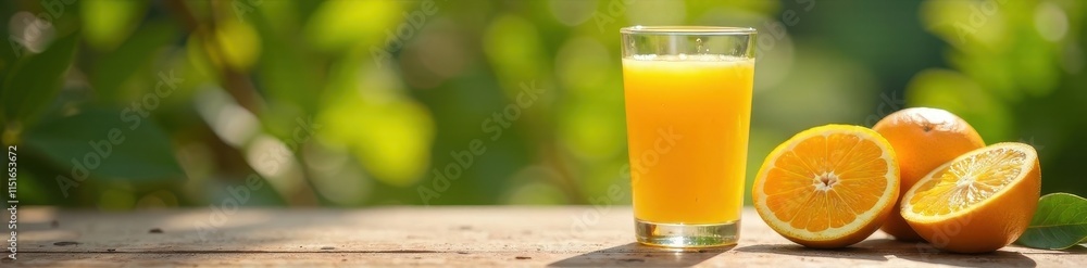 Freshly squeezed orange juice in a glass on a sun-drenched garden table, table, garden Freshly squeezed orange juice in a glass on a sun-drenched garden table, table, garden