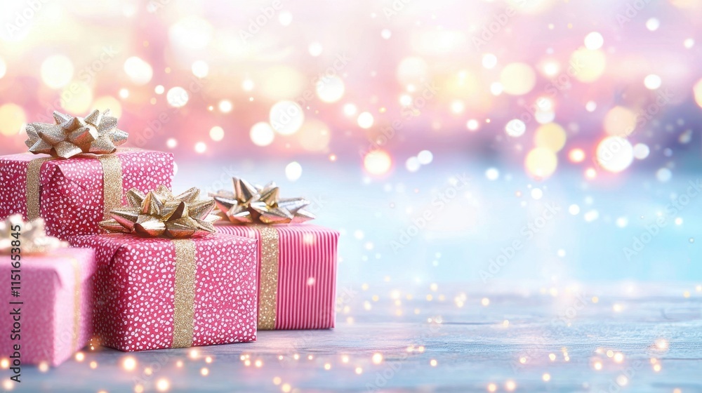 Fototapeta premium Festive Pink Gifts with Gold Bows Holiday Background