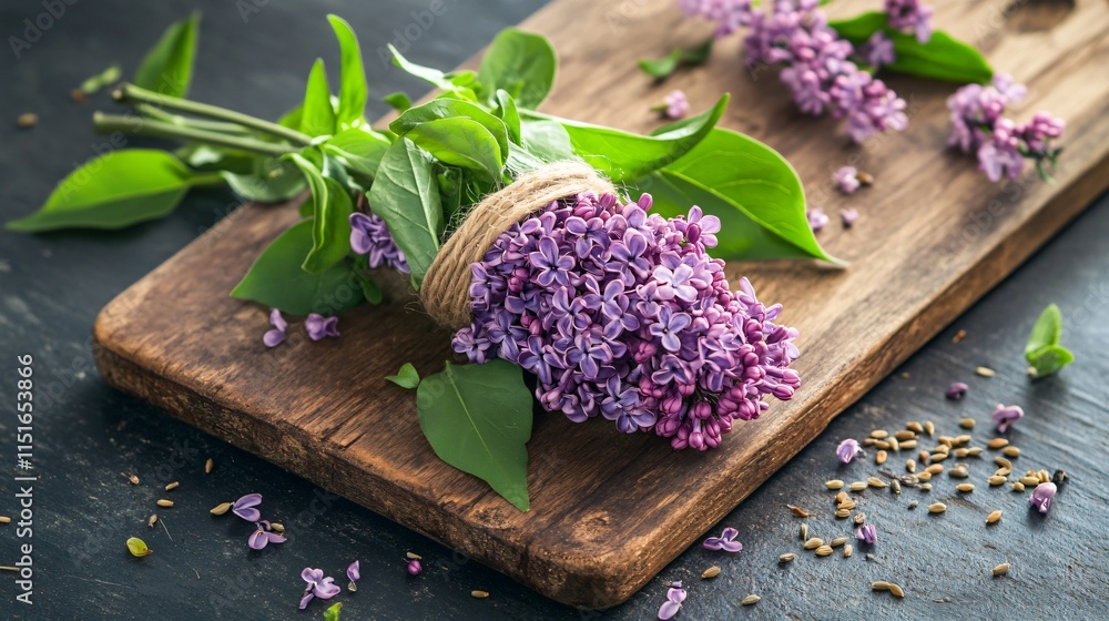 Close up of a lilac branch tied with twine, resting on a vintage wooden cutting board with scattered herbs and seeds Close up of a lilac branch tied with twine, resting on a vintage wooden cutting board with scattered herbs and seeds