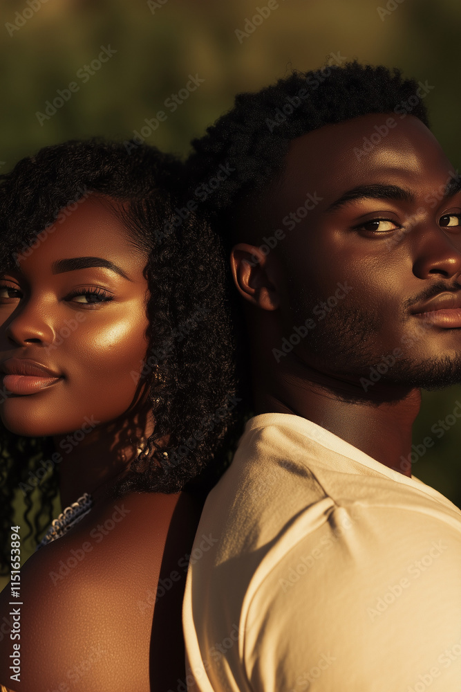 A couple stands back to back outdoors, showcasing their radiant skin and stylish attire A couple stands back to back outdoors, showcasing their radiant skin and stylish attire