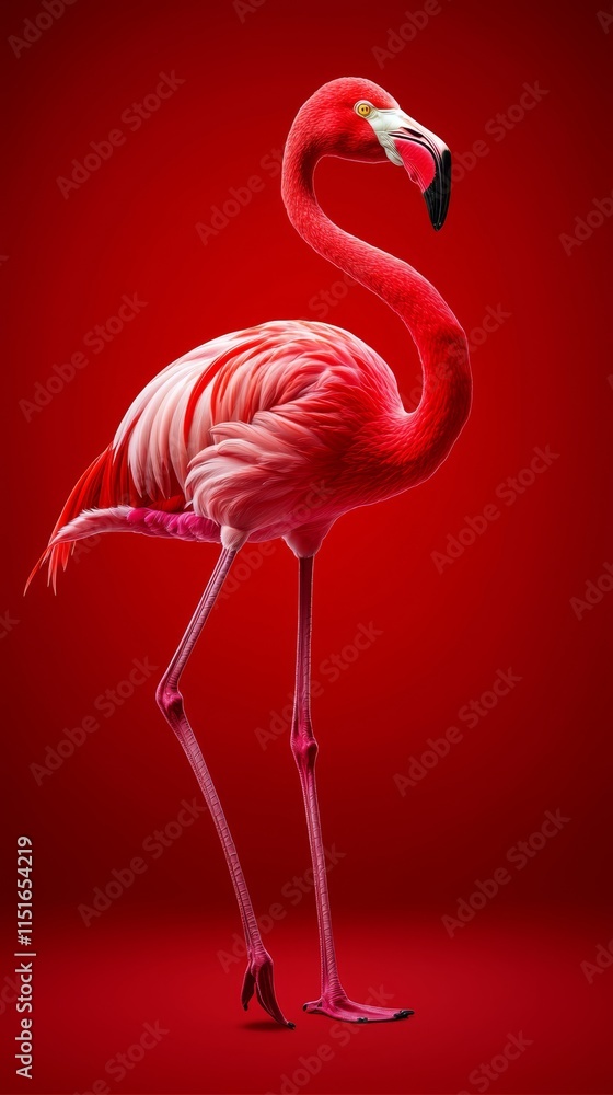 Fototapeta premium A pink flamingo standing on a red background