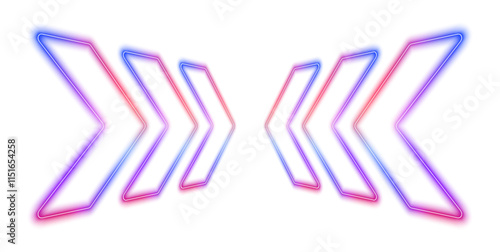 A modern neon arrow design cuts through a white background, emitting a glowing light effect. This abstract vector artwork showcases high-speed technology in motion in PNG format.