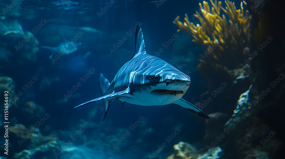 Fototapeta premium A magnificent blue shark with an elegant proud look swimming in the depths of the sea close-up