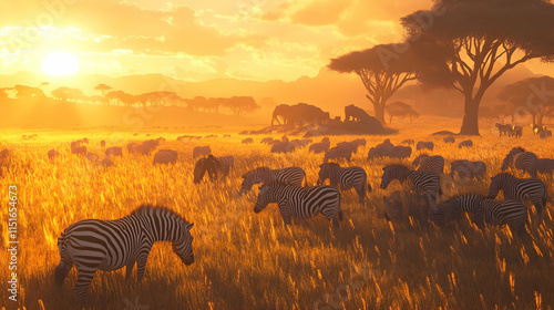 Majestic Zebras at Sunset in African Savanna