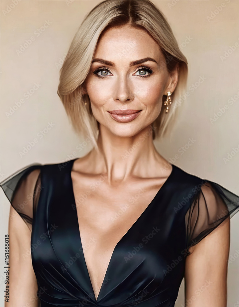 retrato de mujer rubia con ojos azules con vestido negro muy elegante retrato de mujer rubia con ojos azules con vestido negro muy elegante