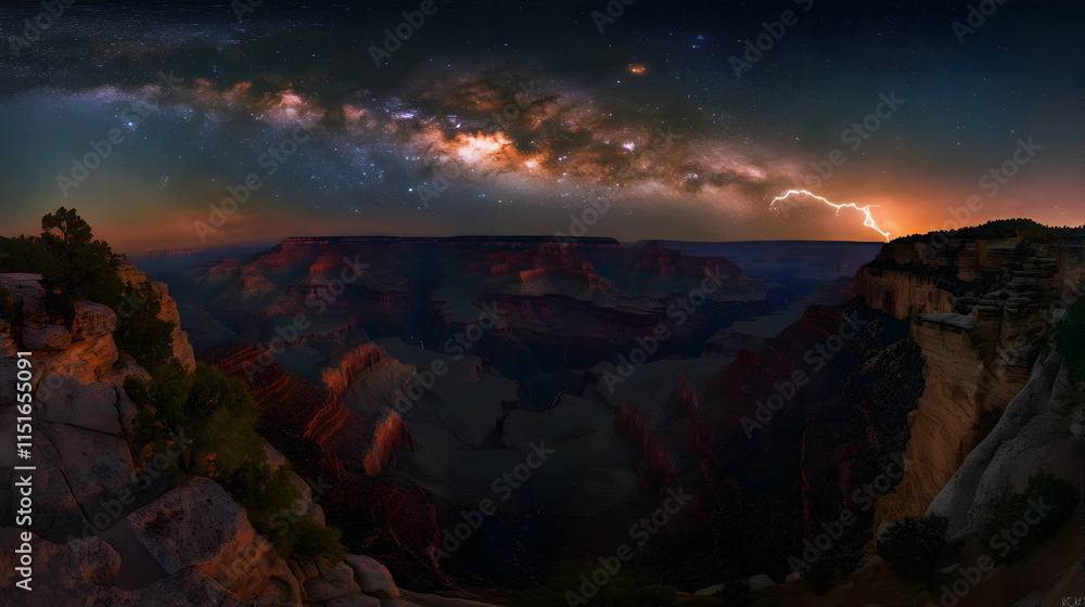 Fototapeta premium Majestic Grand Canyon Under the Milky Way and a Lightning Strike