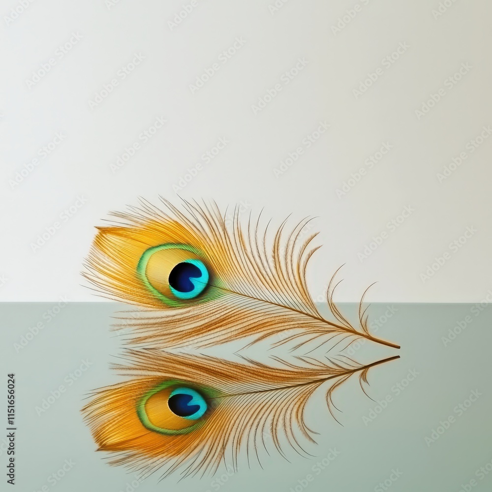 Obraz premium Golden peacock feather lying on a reflective surface, white background