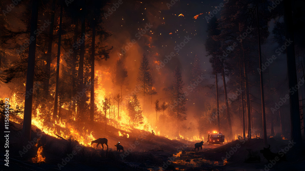 Forest Fire at Night: Firefighters Battle Inferno, Wildlife in Peril Forest Fire at Night: Firefighters Battle Inferno, Wildlife in Peril