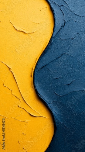 a close up of a blue and yellow wall with a yin and yang symbol