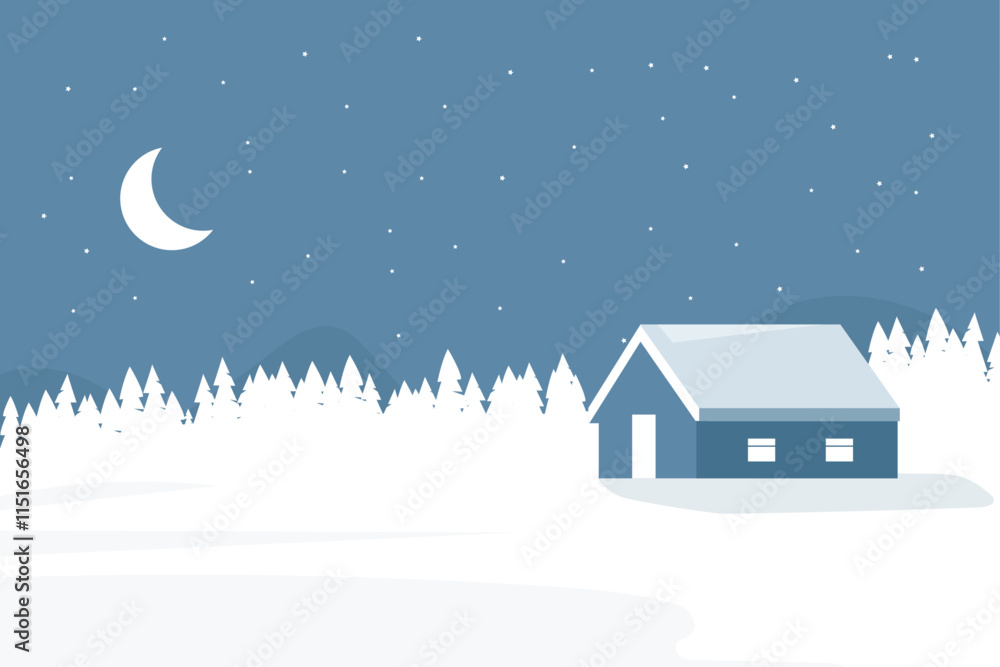 Naklejka premium winter night illustration of a festive winter house against the background of a forest in the snow against the backdrop of the moon and stars