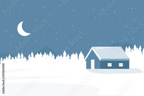 winter night illustration of a festive winter house against the background of a forest in the snow against the backdrop of the moon and stars