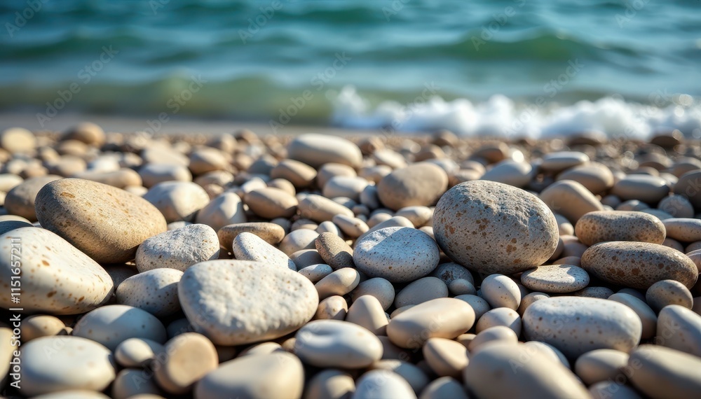 Natural dolomite pebbles scattered on rocky shoreline, geology, coastal rock Natural dolomite pebbles scattered on rocky shoreline, geology, coastal rock