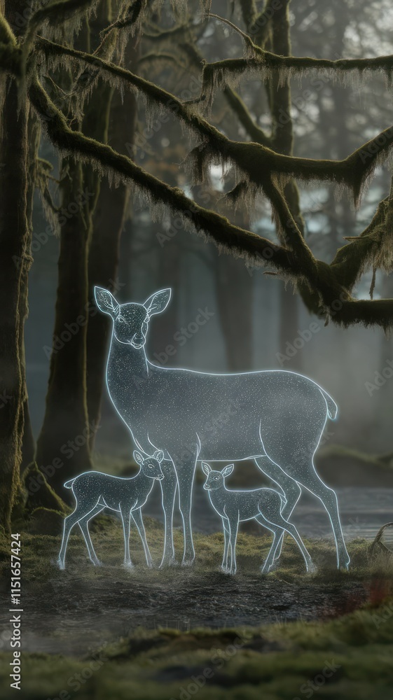 Fototapeta premium Ethereal Doe And Fawns In A Mossy Forest