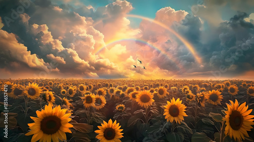 Majestic Sunflower Field at Sunset with a Rainbow