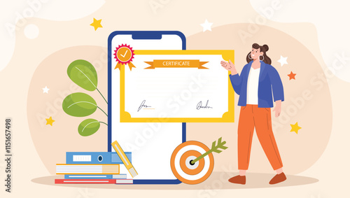 An illustration depicting a digital certificate award concept, featuring a person receiving a digital certificate on a screen, with elements like a glowing certificate