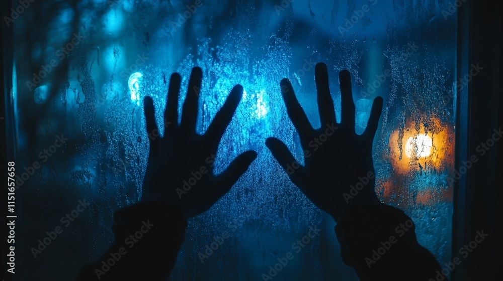 Silhouetted Hands Against Frosted Blue Window Silhouetted Hands Against Frosted Blue Window