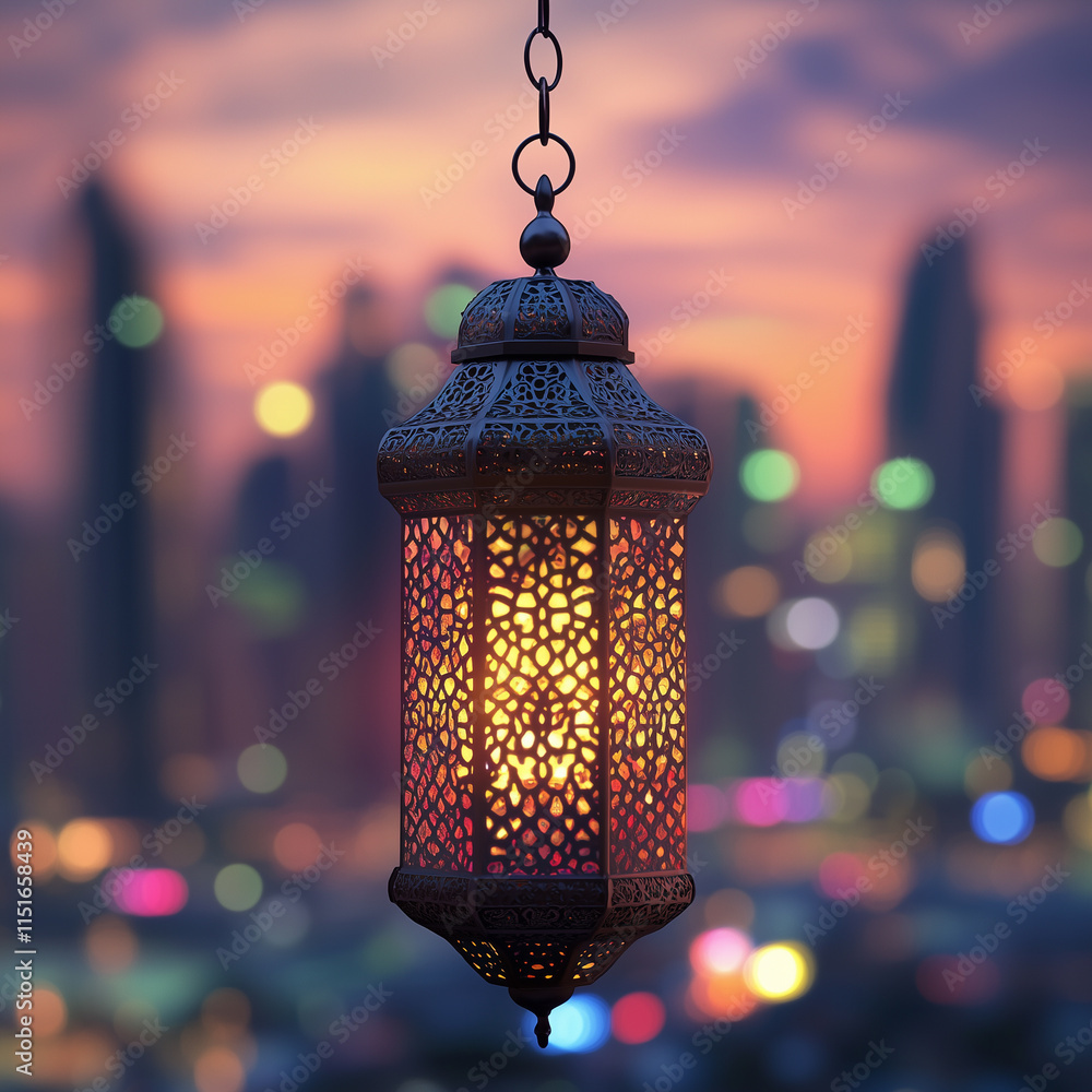 Decorative Arabic Lantern at Sunset with Bokeh Lights in Background Decorative Arabic Lantern at Sunset with Bokeh Lights in Background