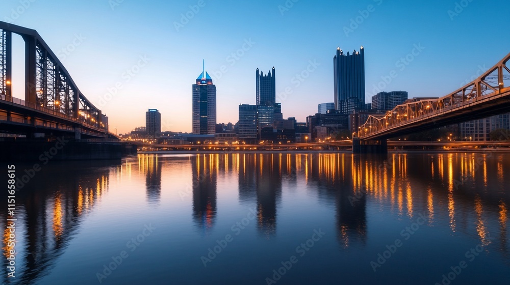 Fototapeta premium City skyline reflecting on water at dusk.
