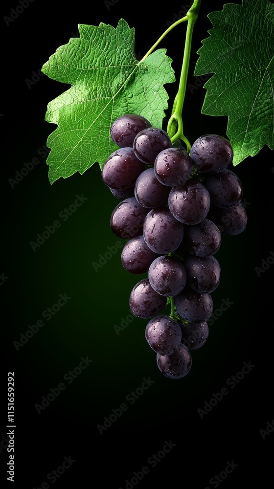 Fototapeta premium A bunch of grapes hanging from a vine with green leaves