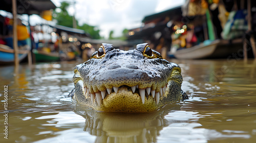 A menacing crocodile with sharp teeth partially submerged in water, near a bustling floating market in Thailand. The market scene in the background features boats, shops photo