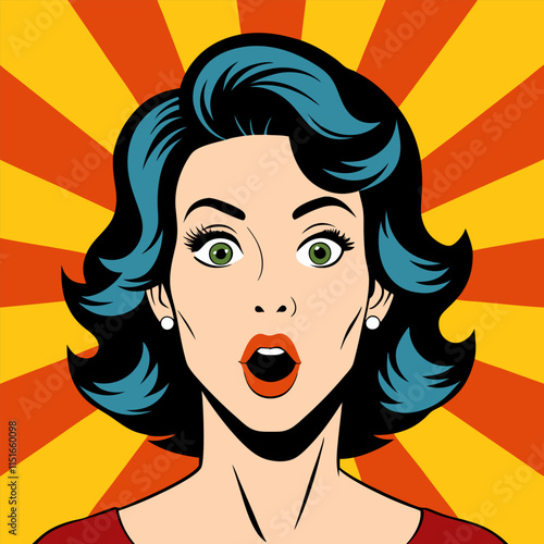 Face of an admiring or surprised woman. Retro pop art comic style. Vector illustration.