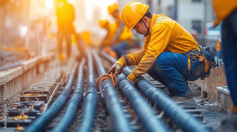 Worker installing underground cables at a construction site. Illustrates infrastructure development and essential utility work. Worker installing underground cables at a construction site. Illustrates infrastructure development and essential utility work.