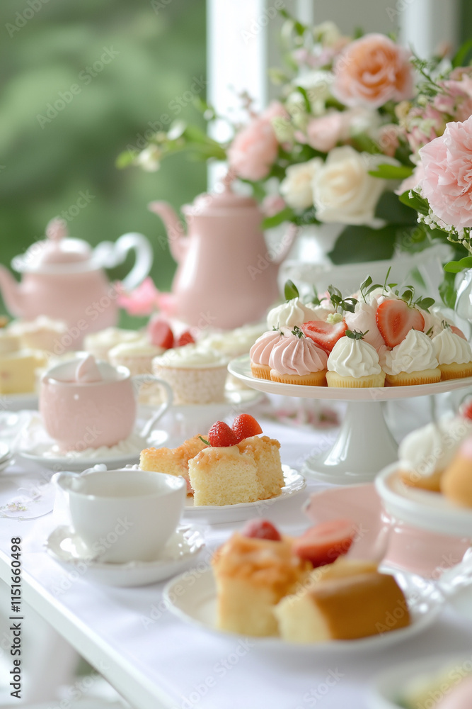 A beautifully arranged dessert table features assorted pastries and floral decor A beautifully arranged dessert table features assorted pastries and floral decor