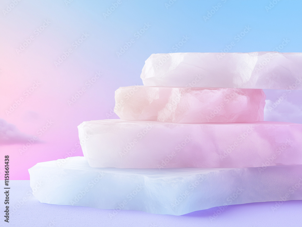 Colorful ice blocks are arranged in layers against a serene pastel sky at dusk Colorful ice blocks are arranged in layers against a serene pastel sky at dusk