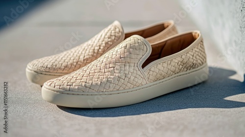 Stylish woven slip-on shoes resting on outdoor surface. Generative AI photo