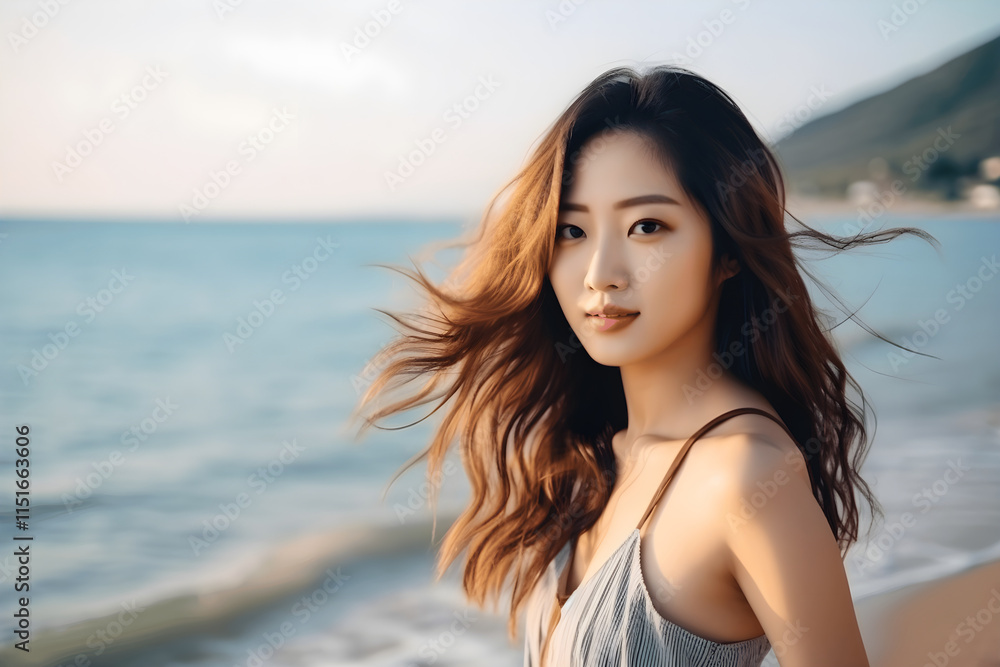 Young Woman with Flowing Hair at a Serene Beach by the Ocean Young Woman with Flowing Hair at a Serene Beach by the Ocean