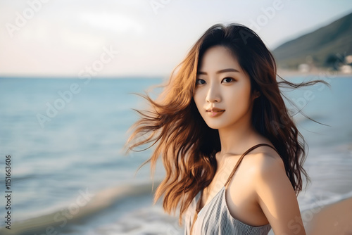 Young Woman with Flowing Hair at a Serene Beach by the Ocean