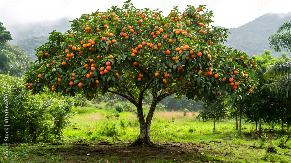 A pequi tree with many ripe fruits. A tree endemic to the central region of Brazil, pequi is a highly prized fruit in traditional Brazilian cuisine.Selective focus A pequi tree with many ripe fruits. A tree endemic to the central region of Brazil, pequi is a highly prized fruit in traditional Brazilian cuisine.Selective focus