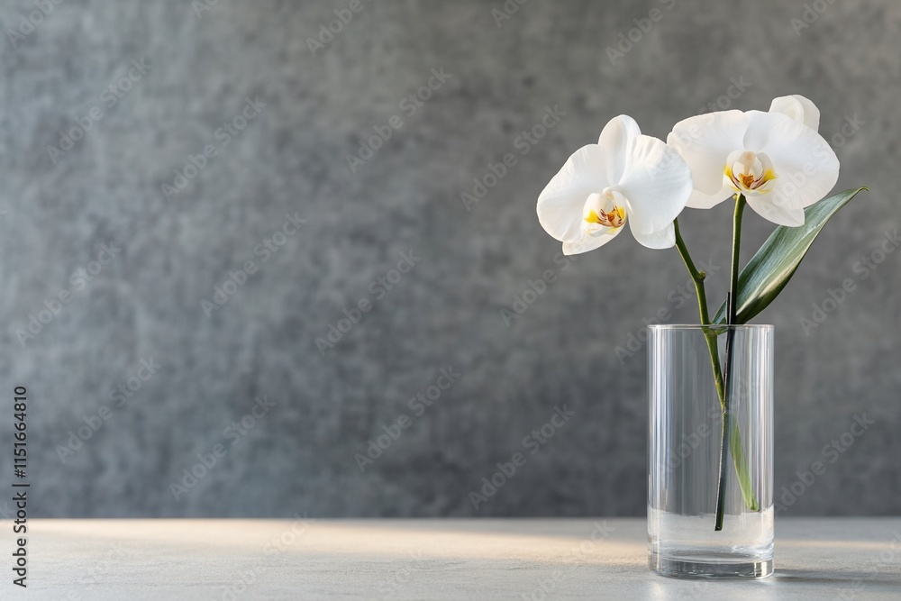 Elegant white orchids in a clear vase on a table. Elegant white orchids in a clear vase on a table.