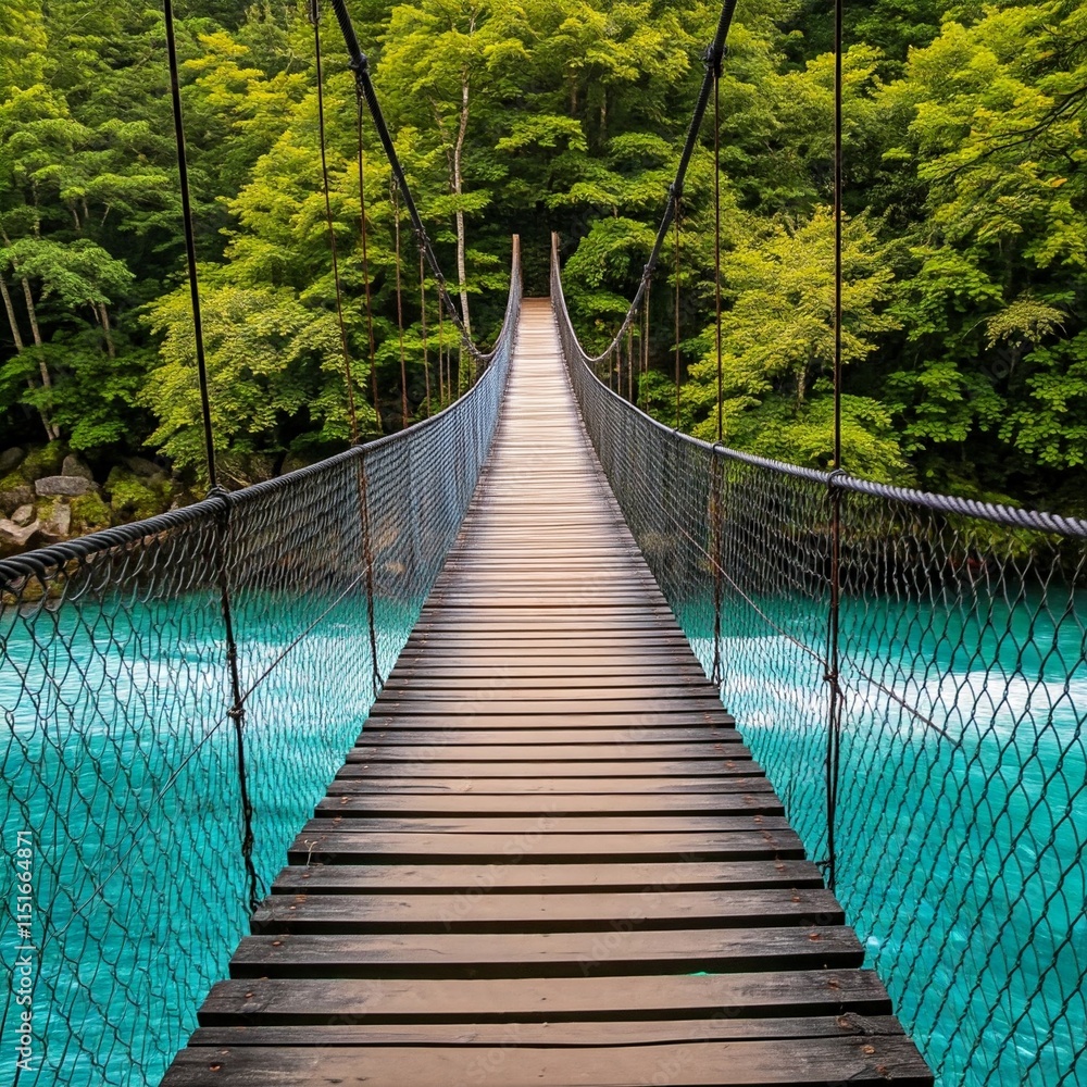 wooden hanging bridge in the forest wooden hanging bridge in the forest