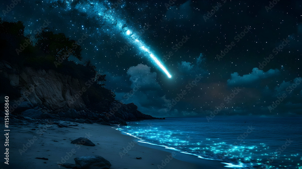 Magical Night: Meteor Shower over Glowing Ocean Beach Magical Night: Meteor Shower over Glowing Ocean Beach