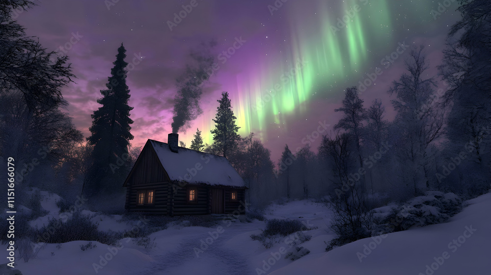 Aurora Borealis over a Cozy Cabin in a Snowy Forest Aurora Borealis over a Cozy Cabin in a Snowy Forest