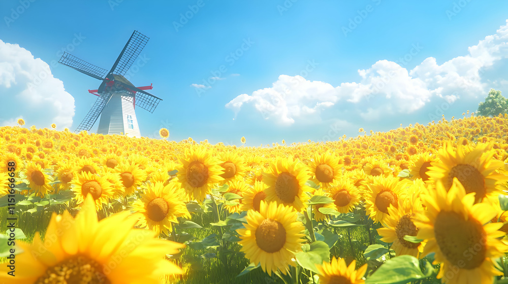 Sunflowers, Windmill and Blue Sky: A Stunning Summer Landscape Sunflowers, Windmill and Blue Sky: A Stunning Summer Landscape