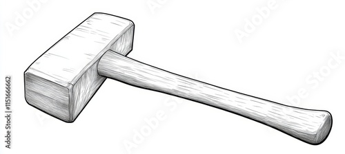 Vector Illustration, Black and White Line Drawing of a Wooden Hammer on a White Background photo