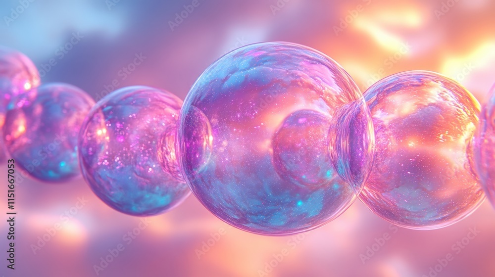 Abstract iridescent spheres linked together, floating against a pastel sky. Abstract iridescent spheres linked together, floating against a pastel sky.
