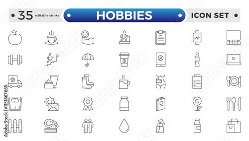 Hobbies icon set. Containing healthy lifestyle, diet, exercise, sleep, relationships, running, routine, self-care, culture and lifestyle icons. Healthcare, health, diet. Editable stroke outline icon.
