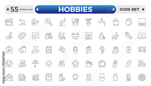 Hobbies icon set. Containing healthy lifestyle, diet, exercise, sleep, relationships, running, routine, self-care, culture and lifestyle icons. Healthcare, health, diet. Editable stroke outline icon.
